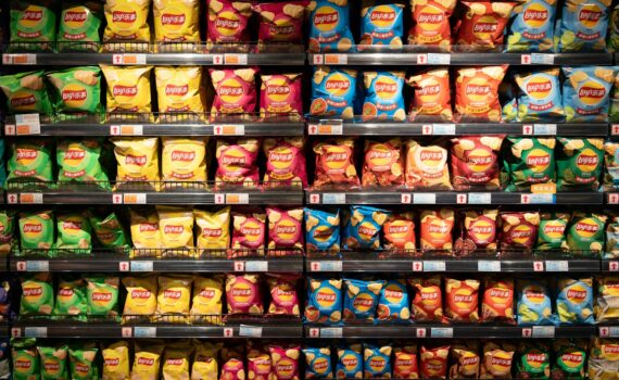 a display in a store filled with lots of chips